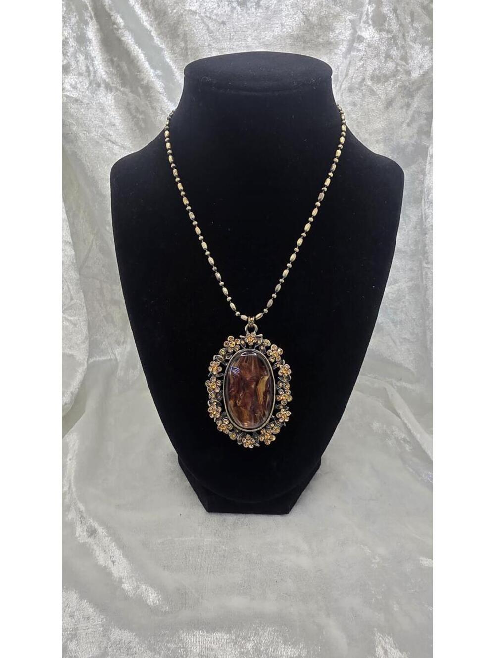 Vintage Victorian Revival Pendant Necklace Amber Rhinestone Faux Jasper Cabochon